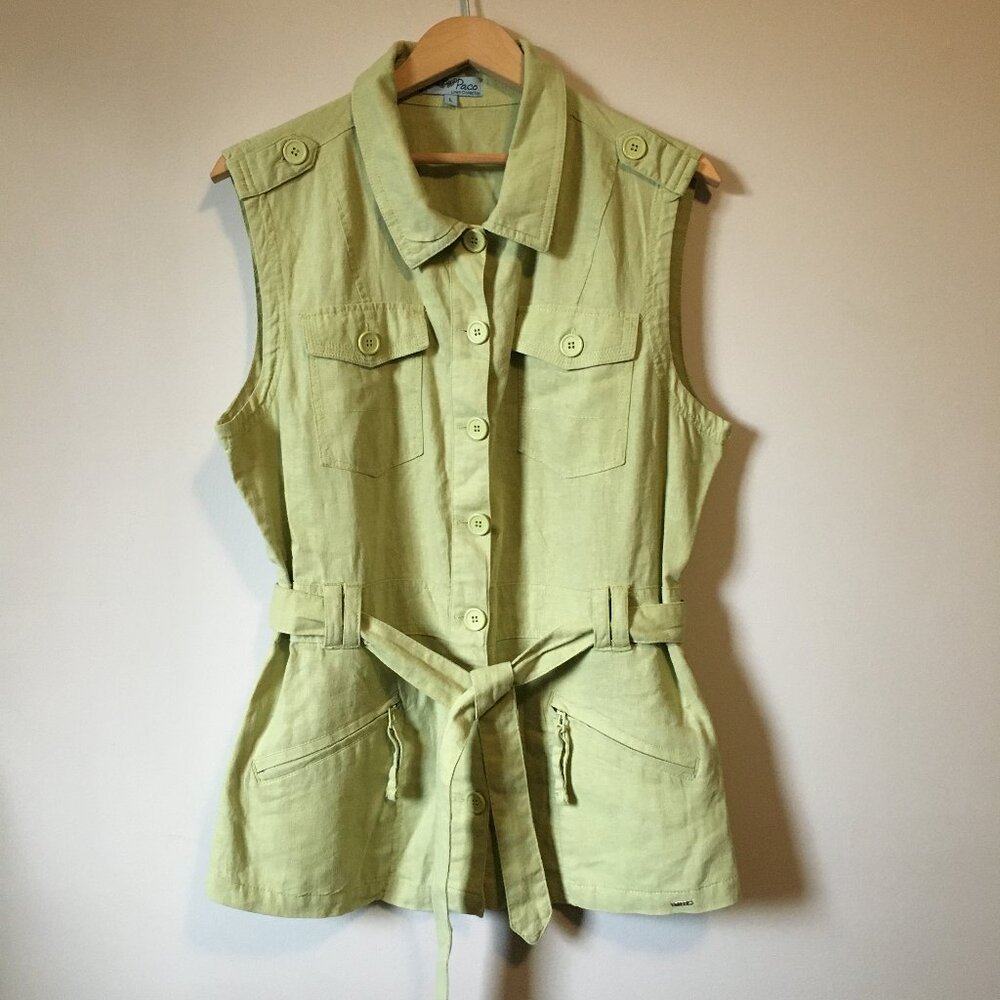 Paco Lime Green Linen Blend Sleeveless Utility Cargo Vest Jacket Large